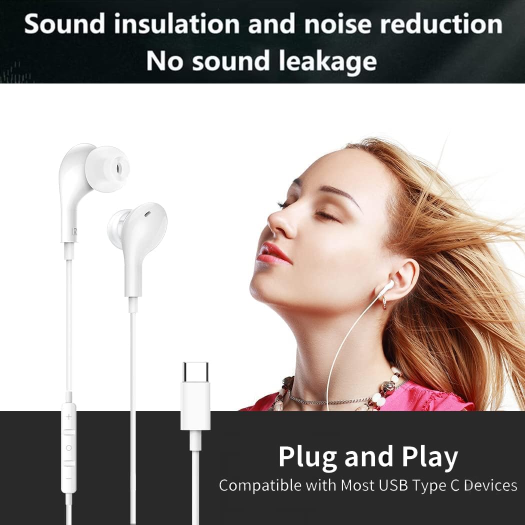 Snehvita USB C Headphones, Type C Wired Earbuds (White)